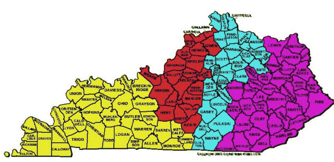 Map of Kentucky's counties colored by Quad region. Quad A is western Kentucky; Quad B is north-central Kentucky, including Jefferson, Hardin and Nelson counties; Quad C runs from Northern Kentucky through Fayette and Franklin south to Pulaski and Wayne; Quad D is eastern Kentucky.